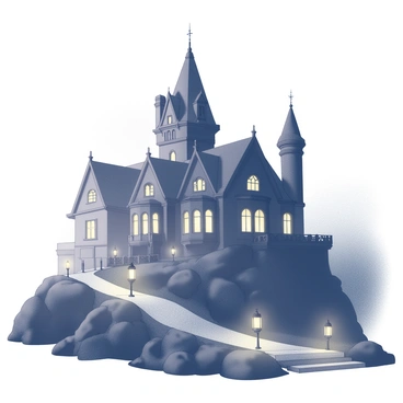 A large, ominous mansion sits atop a hill, with its towering spires and intricate architectural details casting dark shadows. The structure features numerous windows, some illuminated by flickering lanterns that hang from the eaves. Thick fog envelops the mansion, partially obscuring its silhouette and creating a mysterious atmosphere. The ground is uneven and rocky, leading up to the mansion, enhancing its imposing presence. The lanterns are scattered along the path, their glow contrasting against the dark surroundings.