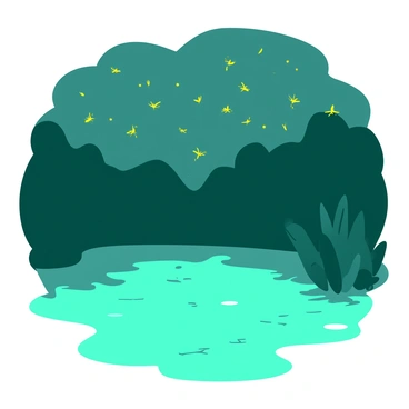 A teal pond is surrounded by lush greenery, with the surface lightly rippling. Above the pond, numerous yellow fireflies are flitting gracefully, casting tiny, twinkling lights that shimmer against the water. The sky above is a deepening shade as twilight sets in, enhancing the contrast between the vibrant yellow fireflies and the calming teal of the pond. The scene is tranquil, with the gentle movement of the water perfectly mirroring the enchanting dance of the fireflies.