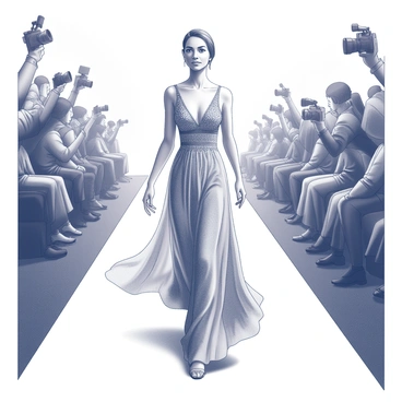 Anjelica is walking confidently down a runway. She is wearing a long, flowing gown that cascades elegantly around her. The gown has intricate detailing, showcasing skillful craftsmanship. Surrounding her are a multitude of cameras, capturing the moment with bright flashes. The runway is lined with onlookers, all focused on her as she strides gracefully, exuding poise and self-assurance. The atmosphere is charged with anticipation and excitement.