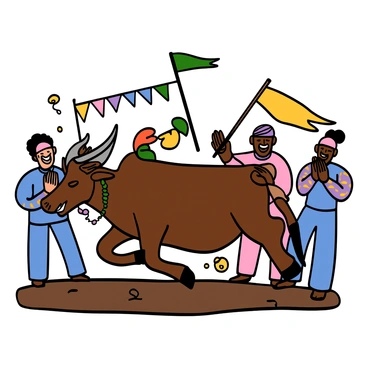 A zebu with a sleek, shiny coat is adorned with vibrant, colorful decorations including beads and ribbons around its neck and horns. The zebu is in motion, participating in a lively dance during a cultural event. Surrounding the zebu, there are people in traditional attire, clapping and smiling, contributing to the festive atmosphere. Brightly colored banners and flags are fluttering in the background, enhancing the celebratory environment of the event. The ground beneath is a mix of dirt and grass, showing the outdoor setting.