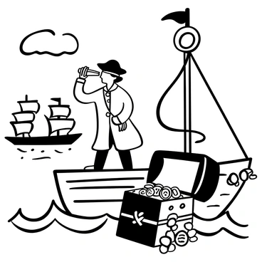 A pirate with a tricorn hat and a bandana stands on the deck of a ship, peering through a spyglass. The pirate's clothing features a long coat adorned with decorative buttons. Tall masts rise above the ship, with billowing sails catching the wind. In the distance, multiple ships are visible on the horizon, their sails unfurling against the sea. The ocean waves crash against the sides of the ship, adding to the scene's dynamic atmosphere. A treasure chest is partially open on the deck, spilling gold coins and jewels.