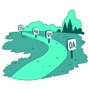 A teal path winds through a grassy landscape, lined with several milestone markers. Each marker is a distinct shape and size, and is labeled with a different grade in bold white lettering. The markers are evenly spaced along the path, and the grass surrounding them is vibrant and lush. In the background, there are hints of trees peeking over the landscape, adding depth to the scene. The sunlight casts soft shadows, highlighting the features of each marker.