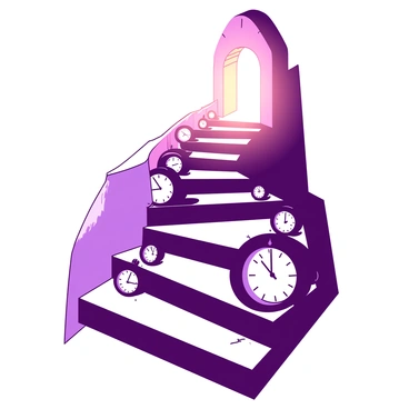 A duotone staircase spirals upward, with steps adorned with various sized clocks, each displaying a different time. The clocks are arranged neatly along the staircase, with their faces facing outward. The staircase is illuminated, highlighting its intricate design and curves. At the top of the staircase, a glowing portal radiates soft light, creating a warm atmosphere. The portal's edges are slightly blurred, suggesting a sense of mystery and allure.