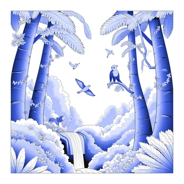 A lush rainforest scene filled with various types of plants and trees. Towering trees with broad leaves dominate the landscape, their trunks thick and rugged. Vines hang from branches, creating a network of green. Beneath, ferns and colorful flowers are scattered across the forest floor. Various animals can be seen interacting with their environment; a monkey is perched on a branch, while birds with intricate feather patterns fly overhead. In the background, a cascading waterfall flows down rocky formations, adding to the vibrant ecosystem. The dense foliage creates a sense of depth and complexity in the scene.