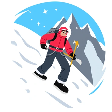 A mountaineer wearing a bright red jacket and sturdy black climbing boots ascends a steep, snowy peak. The mountaineer is equipped with a climbing harness, ice axe, and a backpack filled with essential gear. Snowflakes swirl around, creating a dynamic atmosphere as the sun reflects off the glistening snow. In the background, jagged rocky outcrops rise against a clear blue sky, highlighting the challenge of the climb. The mountaineer's face shows focus and determination as they navigate the treacherous terrain.