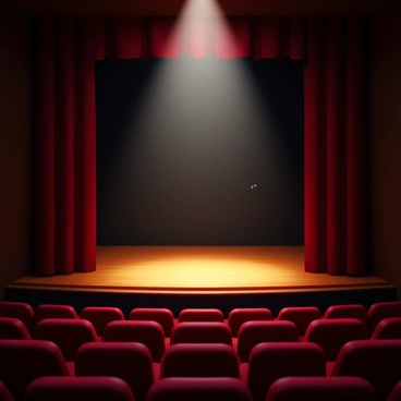 A dimly lit theater filled with dark red velvet seats. The spotlight shines brightly on an empty stage, illuminating the polished wooden floor. The backdrop is a deep black curtain, hanging elegantly behind the stage. A small dust particle floats in the beam of light, creating a subtle glow. Shadows loom in the corners of the theater, enhancing the atmosphere of anticipation.