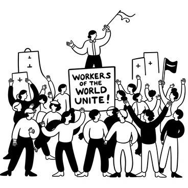 A man with a military uniform standing behind a podium, delivering a speech with dynamic gestures. The podium has a banner with the words "Workers of the World, Unite!" displayed prominently. In front of him, a large crowd of people is gathered, some holding flags and banners. The composition shows a diverse group of individuals captivated by the speech, with their arms raised in support. The background features a simplified outline of an urban landscape, enhancing the sense of a public gathering.