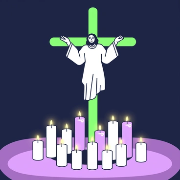 A depiction of "Jesus on the cross" in a dimly lit setting. The figure of Jesus is centrally positioned on the cross, with an expression of solemnity. The cross is wooden, extending tall against a dark background. Surrounding the cross, there are numerous candles placed on the ground, their flames casting a warm, gentle light. The light from the candles creates soft shadows that dance around the scene, highlighting the contours of Jesus and the cross. The overall atmosphere conveys a sense of reverence and tranquility.
