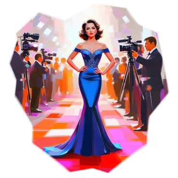 A glamorous 1940s Hollywood actress with wavy, dark brown hair styled in classic curls is posing confidently for the cameras on a vibrant red carpet. She is wearing a stunning, floor-length gown made of deep blue silk that elegantly hugs her figure, with intricate beadwork shimmering under the lights. Her makeup is perfectly applied, featuring bold red lipstick and winged eyeliner that accentuates her striking features. The background is filled with flashing cameras and a crowd of admirers, creating an atmosphere of excitement and glamour. The actress stands with one hand on her hip and the other holding a designer clutch, exuding an air of elegance and poise.