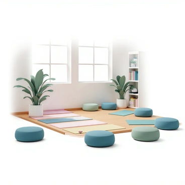 A bright and airy coworking space featuring a designated relaxation zone. Soft natural light streams in through large windows, illuminating the area. On the wooden floor, several colorful yoga mats are neatly arranged in a semi-circle. Around them, plush meditation cushions in various shades of blue and green are placed to create a comfortable atmosphere. Potted plants are strategically positioned, adding a touch of greenery to the space. There are comfortable bean bags scattered around for additional seating. In the background, a small bookshelf is filled with wellness books and resources.