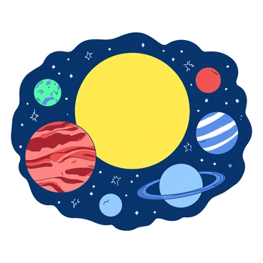 A duotone mural features a large yellow sun at the center, radiating light in all directions. Surrounding the sun are eight distinct planets, each depicted with vibrant colors and textures. The first planet, a teal Mercury, is closest to the sun, followed by a red Venus showcasing its thick atmosphere. Earth, portrayed in shades of blue and white, has swirling clouds and visible landmasses. The iconic red surface of Mars is next, with its rocky terrain. Jupiter, the largest planet, is illustrated with bold orange and white stripes, while Saturn is adorned with its striking teal rings. Uranus is depicted in soft blue tones, and the furthest planet, Neptune, is shown in deep blue. The background is filled with twinkling stars, providing a celestial context to the vibrant depiction of the solar system.