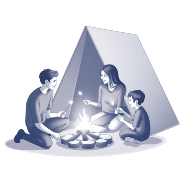 A family of four is sitting comfortably around a small fire. The fire is crackling, with flames flickering and casting shadows on their faces. The father is kneeling close to the fire, carefully tending to it, while the mother is sitting cross-legged, wrapped in a blanket, smiling at her children. The two children, a boy and a girl, are sitting on the ground, roasting marshmallows on sticks. Behind them is a makeshift shelter constructed from large pieces of cardboard, providing a cozy and rustic backdrop. The scene is filled with warmth and a sense of togetherness as they share this moment outdoors.