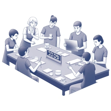 A group of participants is gathered around a long table, each focused on their individual canvases and art supplies. The table is cluttered with various tools like paintbrushes, palettes, and jars of water. In the center, there is a large digital timer prominently displayed, counting down the minutes. Some participants are furrowing their brows in concentration, while others display expressions of excitement as they work quickly on their artistic creations. The background shows spectators interested in the ongoing challenge. Each artist is engaged in their own unique approach to the challenge, demonstrating a variety of styles and techniques.