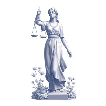 A statue of "Lady Justice" stands tall, embodying the concept of fairness and law. She is depicted holding a pair of "scales" evenly balanced in her right hand. Her eyes are covered by a cloth, symbolizing impartiality. The statue is made of detailed stonework, showcasing intricate designs on her flowing robe. Surrounding the statue are various "blooming flowers" with detailed petals and leaves, enhancing the scene with a sense of natural beauty. The flowers have a variety of shapes and sizes, creating a lush and vibrant atmosphere around the statue. The ground is neatly arranged with smaller greenery framing the statue, emphasizing its prominence.