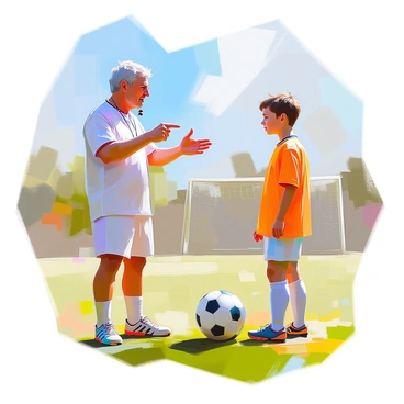 A soccer coach with medium skin and short curly hair stands on the field, passionately gesturing with his hands as he gives instructions. He is wearing a sports jersey and shorts, with a whistle around his neck. In front of him, a young player with light skin and short hair listens intently, displaying a determined expression on his face. The player is dressed in a soccer uniform, complete with shin guards and cleats. The background features a green grass field, with goalposts visible in the distance, and a clear blue sky above.