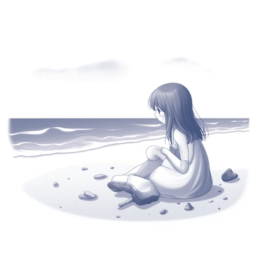 A girl sitting on the sand at a beach. She has long hair, which is blowing gently in the breeze. The girl is wearing a light, flowing dress, and she is gazing thoughtfully toward the horizon. Small shells and pieces of driftwood are scattered around her on the sand. In the background, waves are gently lapping the shore, creating a soft, rhythmic pattern as they approach the sand. The sky above is clear, with a few wispy clouds drifting by.