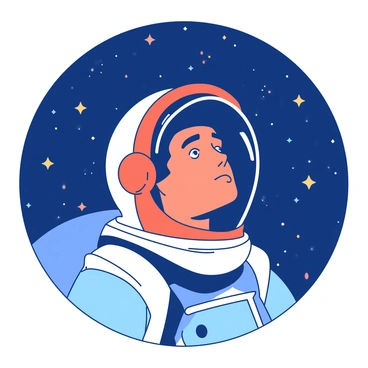 An orange astronaut is floating in the vastness of space, surrounded by a multitude of bright stars scattered across a deep blue background. The astronaut's helmet is reflective, capturing the distant twinkling of the stars. The expression on the astronaut's face is contemplative, with their eyes focused on the cosmos. They are wearing a white space suit, which contrasts against the surrounding darkness. The scene conveys a sense of tranquility and wonder as the astronaut takes in the beauty of the universe.