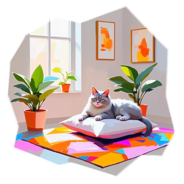 A playful scene featuring a fluffy gray cat lounging comfortably on a vibrant patterned rug. The room is filled with bold colors, including bright reds, yellows, and blues, reminiscent of Matisse-like patterns. The walls are adorned with framed art that showcases intricate designs, while a window allows soft natural light to stream in, casting gentle shadows across the space. Potted plants with large green leaves add a touch of freshness to the scene, and the cat appears relaxed, stretching out and playfully swatting at a decorative pillow nearby.