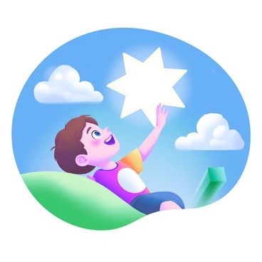 A child with brown hair wearing a colorful t-shirt is lying on a grassy hill under a clear blue sky. The child has a look of wonder and excitement on their face as they gaze upward. Above them, a large, glowing pineal gland is illustrated, shaped like a star, radiating soft light in shades of white and blue. This guiding star illuminates the sky, surrounded by fluffy white clouds. The scene conveys a sense of imagination and adventure, with the child reaching out as if trying to touch the glowing star.