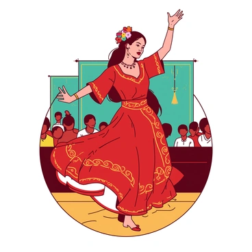 A woman wearing a vibrant red traditional dress with intricate gold patterns is performing a cultural dance. She is gracefully positioned on a wooden stage, with her arms raised elegantly above her head. Her long black hair is adorned with colorful flowers and traditional jewelry that sparkles under the light. The background features decorative banners in teal that add to the festive atmosphere. The audience, though out of focus, can be seen mesmerized by her movements, capturing the essence of the cultural celebration.