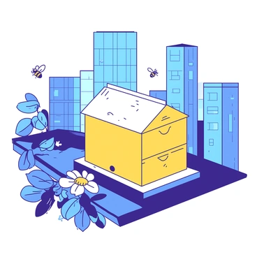 A yellow beehive is installed on a rooftop, surrounded by several flowering plants. In the background, tall blue skyscrapers rise prominently against the sky. A few bees are flying around the beehive, collecting nectar from nearby blossoms. The scene captures the contrast between the vibrant natural elements and the urban architecture.