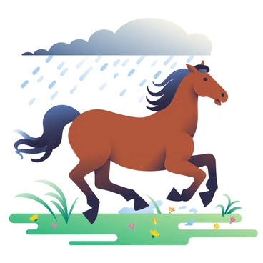 A brown horse with a glossy coat is galloping through a rain-soaked field. The horse's mane is flowing wildly in the wind as its powerful legs kick up mud and water, creating droplets that splash around. The field is a vibrant green, dotted with patches of wildflowers. Dark gray clouds loom overhead, and raindrops are visibly falling, creating ripples in puddles scattered across the ground. The scene captures the energy and motion of the horse, with droplets glistening in the light.
