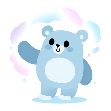 A small cartoon animal character is waving its hand in a friendly gesture. The character has a round body and oversized ears, with a playful expression. It is standing upright on two feet, with one hand raised high. The background consists of soft, gradient pastel colors that blend seamlessly together, creating a calming backdrop. A slight shadow is cast beneath the character, grounding it in the scene.