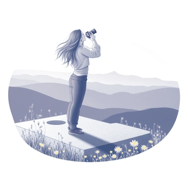 A woman standing at a scenic viewpoint. She is holding a camera up to her eye, focusing on the landscape in front of her. The viewpoint offers a panoramic view of rolling hills and a distant mountain range. The woman has long hair flowing in the wind and is dressed in a comfortable outdoor outfit. There are various wildflowers scattered around her feet, adding texture to the foreground. The sky above is clear, providing a perfect backdrop for her photography.