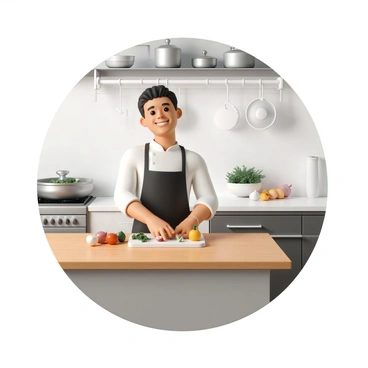 A chef, wearing a white chef's jacket and a black apron, stands in a well-equipped kitchen. The kitchen has modern stainless steel appliances and a large wooden island in the center. The chef is chopping vegetables on a cutting board, with a variety of colorful ingredients including bell peppers, tomatoes, and onions arranged around him. Bright lights illuminate the space, and pots and pans hang from a rack above. In the background, there's a stove with a simmering pot and a bowl filled with fresh herbs next to it. The chef is smiling, engaging with an unseen audience as he demonstrates the recipe.