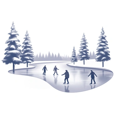 A frozen river stretches across the scene, its smooth surface glistening in the cold. Several skaters are gracefully gliding across the ice, their movements fluid and dynamic. They are dressed warmly, with hats and scarves adding to the winter atmosphere. Surrounding the river, tall trees stand covered in a thick layer of snow, their branches drooping slightly under the weight. The landscape conveys a sense of tranquility, with the skaters enjoying the serene environment.