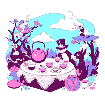 A vibrant scene of a tea party set in a whimsical landscape. The table is covered with an intricate lace cloth, adorned with an abundance of mismatched teacups in various sizes. A tall, elegant teapot with a curved spout sits at the center, pouring tea into one of the cups. Surrounding the table are colorful characters: a grinning Cheshire Cat perched on a branch, a Mad Hatter wearing a large hat, and a March Hare with large ears, animatedly discussing the day's events. Flowers with exaggerated features bloom around the table, and a small clock sits nearby, its hands spinning wildly. The sky is filled with soft, fluffy clouds, adding to the dreamlike atmosphere of this enchanting gathering.