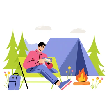 A camper is sitting on a green camping chair beside a blue tent. The tent is surrounded by tall pine trees and wildflowers in various colors. The camper is focused on a handheld video game console, with a look of concentration on their face. The console has a bright screen displaying colorful graphics. A backpack is placed next to the camper, and a campfire with glowing embers is visible a few feet away, adding warmth to the scene. In the background, there are distant mountains under a clear blue sky.
