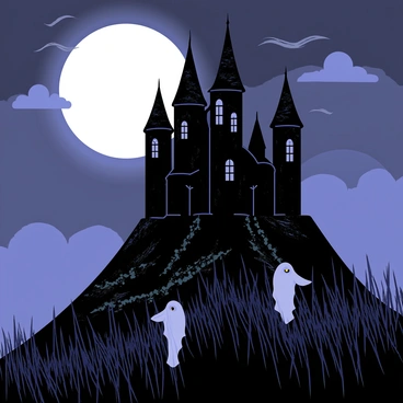 A dark, imposing castle sits atop a steep hill, its stone walls adorned with ivy. The castle features tall spires and arched windows, some of which are shattered. A bright full moon illuminates the scene, casting eerie shadows across the landscape. Ghostly figures, with translucent forms and flowing garments, float around the castle, their faces obscured. Wispy clouds drift across the moon, adding to the haunting atmosphere of the night. The hill is covered with grass that sways gently in the wind, enhancing the mysterious ambiance.