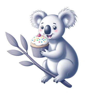 A koala sitting on a branch of a eucalyptus tree, with a bright smile on its face. In its paws, it holds a large cupcake adorned with colorful sprinkles on top. The cupcake is intricately detailed, showcasing a frosted surface with an assortment of sprinkles scattered across it. The koala's fur is textured, and its eyes are sparkling with joy as it prepares to take a bite of the cupcake. The background features more eucalyptus leaves, enhancing the scene.