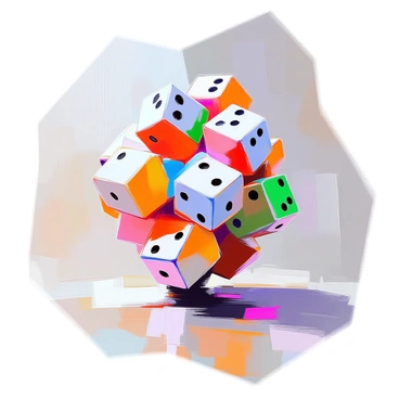 A large sculpture composed of interconnected dice of varying colors and sizes is presented. The dice are arranged in a dynamic form, showcasing a mix of vibrant hues such as red, blue, green, and yellow. Each die is crafted in different dimensions, creating a sense of depth and complexity. The surfaces of the dice display various numbers and dots, emphasizing their playful nature. The overall structure appears to spiral upwards, drawing the viewer's eye to its intricate assembly and colorful patterns.