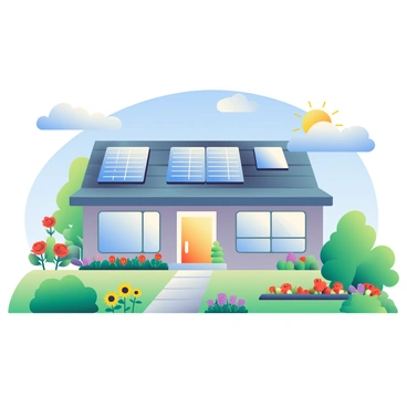 A modern energy-efficient home with large windows and a sleek design is situated in a lush neighborhood. The house features solar panels on the roof, gleaming under the sunlight. In the foreground, a vibrant garden blooms with a variety of colorful flowers, including red roses, yellow sunflowers, and purple lavender. Several green shrubs are neatly trimmed along the pathway leading to the front door. A small vegetable patch with ripe tomatoes and green bell peppers is visible to one side of the garden, highlighting sustainability. The sky above is bright blue with a few fluffy white clouds scattered across.