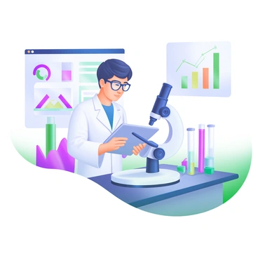 A modern pastel illustration of a researcher in a laboratory setting. The researcher, wearing a white lab coat, glasses, and gloves, is focused on a digital tablet in their hands. Surrounding the researcher are various digital charts and graphs displayed on transparent screens, showcasing data analysis and research findings. The lab is filled with modern scientific equipment, including a microscope and test tubes, arranged neatly on a workbench. The overall atmosphere conveys a sense of innovation and scientific inquiry.