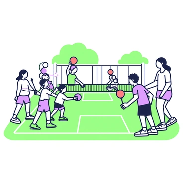 A family is engaged in an energetic game of pickleball in their backyard. The scene features three children and two adults actively participating; one adult is serving the ball while the children are positioned at the net, ready to return it. The adults are wearing casual athletic attire, while the children have colorful t-shirts and shorts. The backyard is surrounded by a white fence and has a green lawn with a few trees in the background. A pickleball court outline is visible on the ground, including the service boxes and the net in the center. The atmosphere is lively and dynamic as the family members interact and cheer each other on.