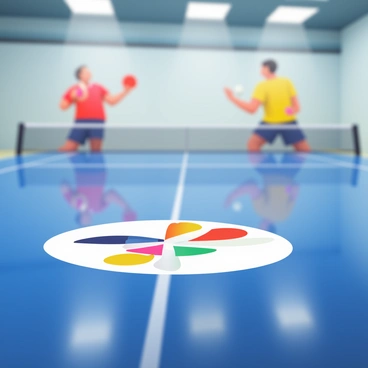 A close-up view of a sponsor logo prominently displayed on a blue table tennis table. The logo is centered on the surface of the table, showcasing vibrant colors against the contrasting blue background. Reflections of overhead lights can be seen on the glossy surface of the table. In the background, blurred silhouettes of players are engaged in a match, with one player in a red jersey and the other in a yellow jersey, each poised to hit a ball. The atmosphere conveys the intensity of the game, while the focus remains on the sponsor logo.