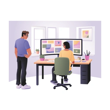 A student watching a graphic designer create digital art on a computer in a bright studio.