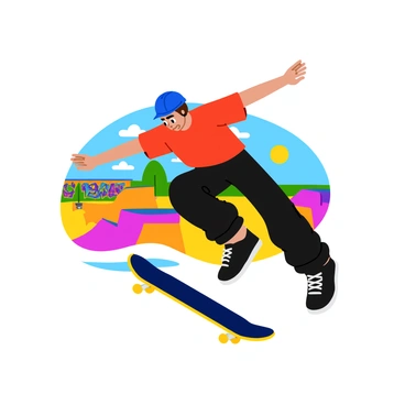 A skateboarder in mid-air performing an impressive trick. The skateboarder is dressed in a bright blue helmet and a red t-shirt, with baggy black shorts. Their arms are outstretched for balance, and the skateboard is positioned sideways beneath their feet. The background features a vibrant skate park with ramps and graffiti-covered walls, enhancing the sense of motion and energy. Sunlight casts dynamic shadows on the ground, emphasizing the height of the jump.