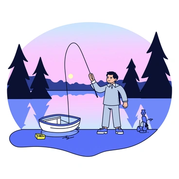 The Tin Man is standing on the edge of a tranquil lake, holding a fishing rod with a focused expression. The lake reflects the soft colors of dusk, with shades of pink and purple in the sky. Surrounding the lake are tall trees with dark silhouettes, their leaves gently rustling in the wind. The water is calm, with the Tin Man's metallic body gleaming subtly in the fading light. A small boat is anchored nearby, and a few fishing tackle items are scattered on the ground next to him.