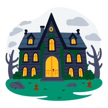 A spooky haunted mansion with dark, weathered wooden siding and tall, arched windows. The mansion features a steep, gabled roof with missing shingles and extensive ivy creeping along the walls. Above its grand, creaky double doors is a large "0" glowing in an eerie, flickering light. Ominous gray clouds swirl in the sky above, adding to the haunting atmosphere. Shadows cast by the mansion stretch across the overgrown yard, where gnarled trees and rusting garden ornaments are partially obscured by thick fog.