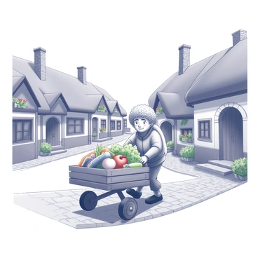 A hobbit characterized by curly hair and large feet is pushing a wooden cart. The cart is filled with an assortment of freshly picked produce, including vibrant vegetables and fruits. The village features quaint, round-roofed cottages with brick chimneys and flower-filled window boxes. Cobblestone pathways wind through the village, and small patches of greenery can be seen along the sides. The hobbit's expression shows a sense of satisfaction as he navigates through the bustling streets, where other villagers are seen engaging in daily activities.