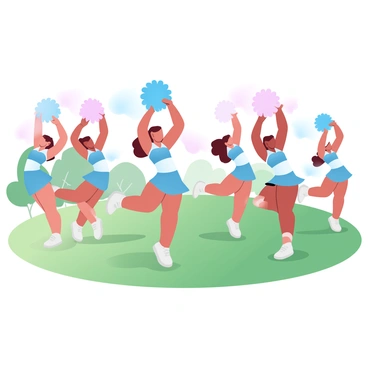 A group of cheerleaders is practicing a routine on a grassy field. Each cheerleader is wearing a brightly colored uniform that contrasts with the green grass beneath them. They are all holding pom-poms in vibrant shades, energetically waving them as they perform synchronized movements. The sun casts soft shadows on the field, highlighting their dynamic poses. In the background, a few trees are visible, adding depth to the scene. The atmosphere is lively and filled with energy as the cheerleaders focus on their routine.