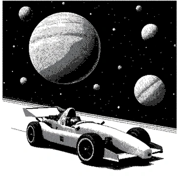 A sleek, futuristic racing car is speeding through space. It has an aerodynamic shape with visible engine details, leaving a trail of motion behind it. Surrounding the car are large, colorful planets, each with distinct features such as rings and craters. There are several asteroids of various sizes scattered throughout the scene, some tumbling through space while others are stationary. The vastness of space is evident in the background, emphasizing the distance between the planets and the racing car. The overall composition showcases the action of the race against the cosmic backdrop.