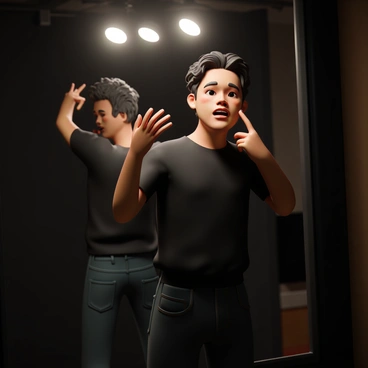 A comedian, wearing a fitted black shirt and dark jeans, is standing backstage in front of a large mirror. The backstage area is dimly lit, with soft overhead lights casting a warm glow. The comedian has short, tousled hair and a focused expression as they practice various facial expressions. Their hands are raised, with one finger pointing at their cheek, while their mouth is slightly open, mimicking a laugh. The mirror reflects their intense concentration, highlighting the hustle and anticipation of the upcoming performance.