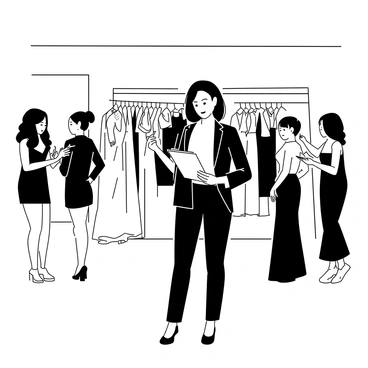 An event planner standing at the edge of a bustling backstage area of a fashion show. She is wearing a tailored black blazer and holding a clipboard, with a focused expression on her face. Around her, models are preparing for the runway, some are adjusting their makeup while others are putting on elegant gowns. There are several clothing racks filled with a variety of outfits, ranging from evening dresses to stylish casual wear. A makeup artist is applying lipstick to a model, while another model flips through a lookbook. The atmosphere is busy and organized as the event planner oversees the preparations.