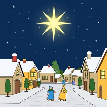 The "Star of Bethlehem" is depicted as a large, radiant star with multiple points, shining brightly in the night sky. Below, a quiet town is illustrated with charming, cozy houses, each with warmly lit windows. The cobblestone streets are lined with small trees, and there are a few figures walking peacefully, bundled up in colorful winter clothing. Soft snowflakes are gently falling, covering the ground in a light dusting of snow. The scene has a tranquil ambiance, capturing the essence of a calm evening illuminated by the star.