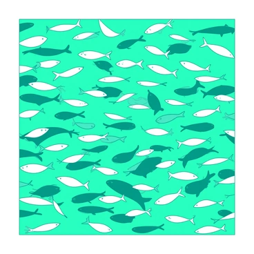 A teal background filled with an intricate pattern made from a dense school of fish, all swimming in unison. The fish are depicted in various sizes, showcasing their streamlined bodies and flowing fins. The arrangement of the fish creates a mesmerizing, rhythmic flow that captures the sense of movement in the water. Each fish is accented with hints of white highlights, adding depth to the overall pattern. The school of fish swirls gracefully, forming a dynamic design that draws the viewer's eye.